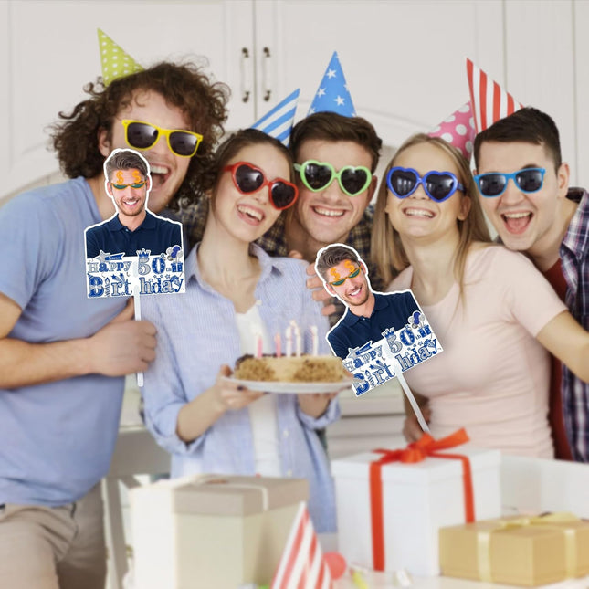 UUBAO Personalized Double Sided Happy Birthday Photo Prop Face Fan Customized Birthday Fun Supplies(Blue and Silver)