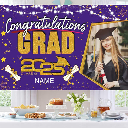 Custom Graduation Party Decorations Personalization Banner Class of 2025 Backdrop (Purple and Gold)