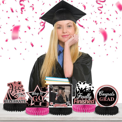 UUBAO 9 PCS Custom Graduation Party Honeycomb Centerpieces Class of 2025 Congrats Grad Decorations Congratulate Graduation Table Toppers for Graduation Party Favor Supplies (Pink)