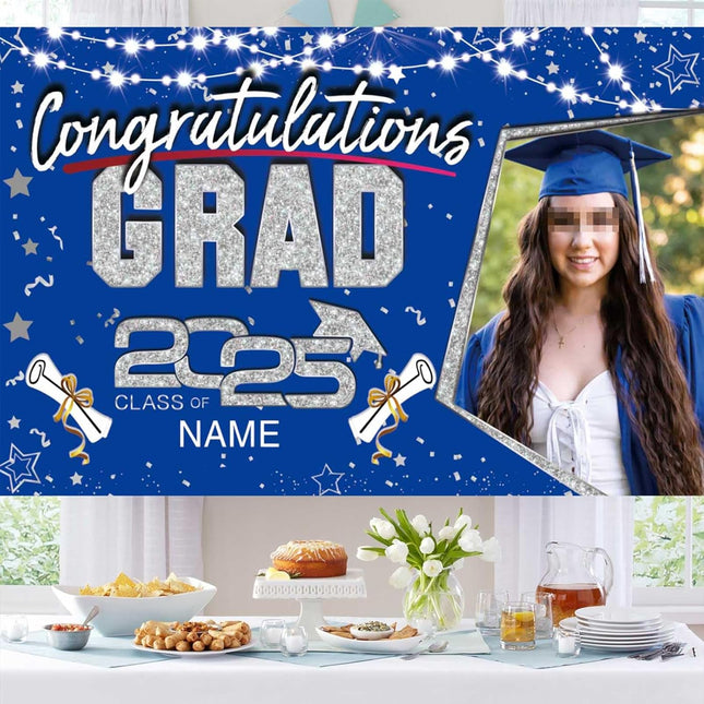 Custom Graduation Party Decorations Personalization Banner Class of 2025 Backdrop (Blue and Silver)