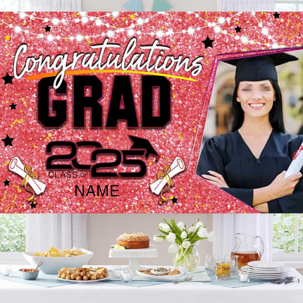 Custom Graduation Party Decorations Personalization Banner Class of 2025 Backdrop (Pink and Black)