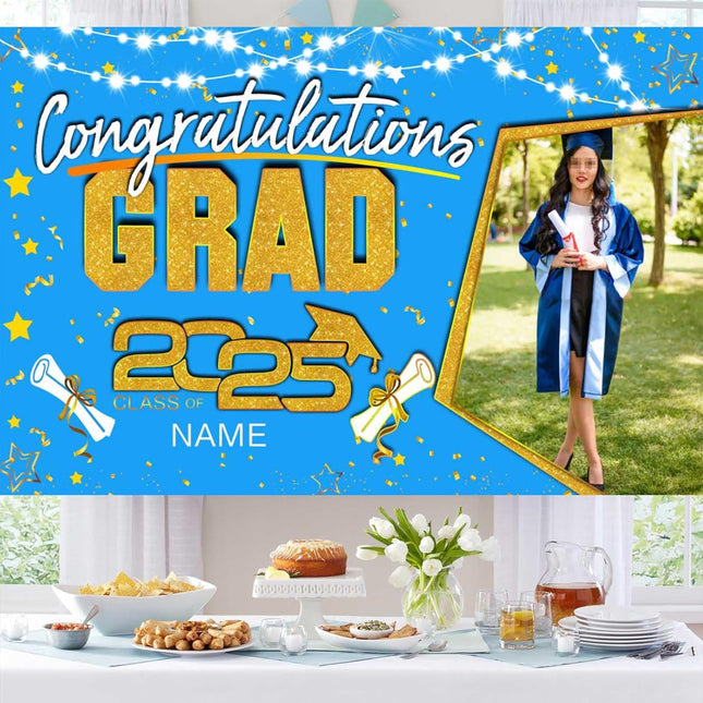 Custom Graduation Party Decorations Personalization Banner Class of 2025 Backdrop (Sky Blue and Gold)