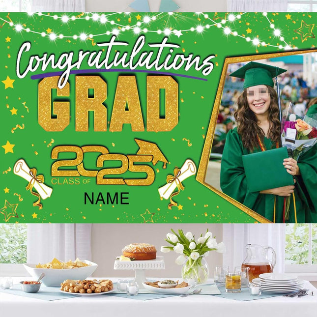 Custom Graduation Party Decorations Personalization Banner Class of 2025 Backdrop (Light Green and Gold)