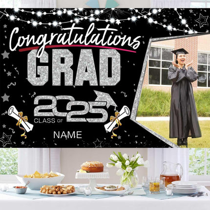 Custom Graduation Party Decorations Personalization Banner Class of 2025 Backdrop (Black and Sliver)