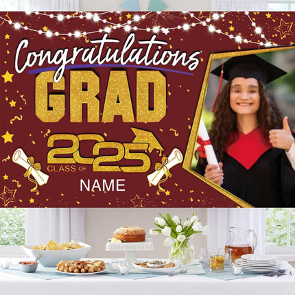 Custom Graduation Party Decorations Personalization Banner Class of 2025 Backdrop (Maroon and Gold)