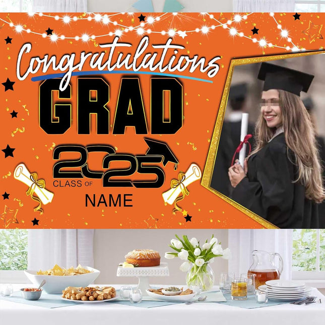 Custom Graduation Party Decorations Personalization Banner Class of 2025 Backdrop (Orange and Black)