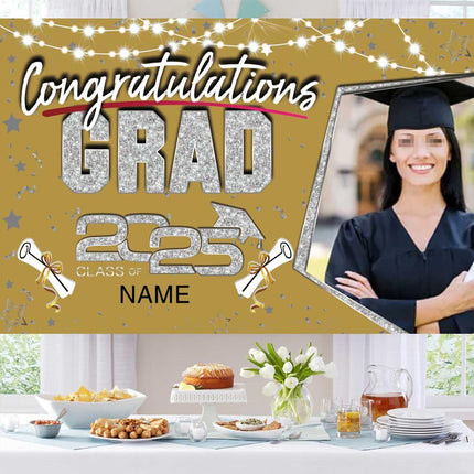 Custom Graduation Party Decorations Personalization Banner Class of 2025 Backdrop (Champagne and Silver）