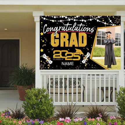 Custom Graduation Party Decorations Personalization Banner Class of 2025 Backdrop (Black and Gold)