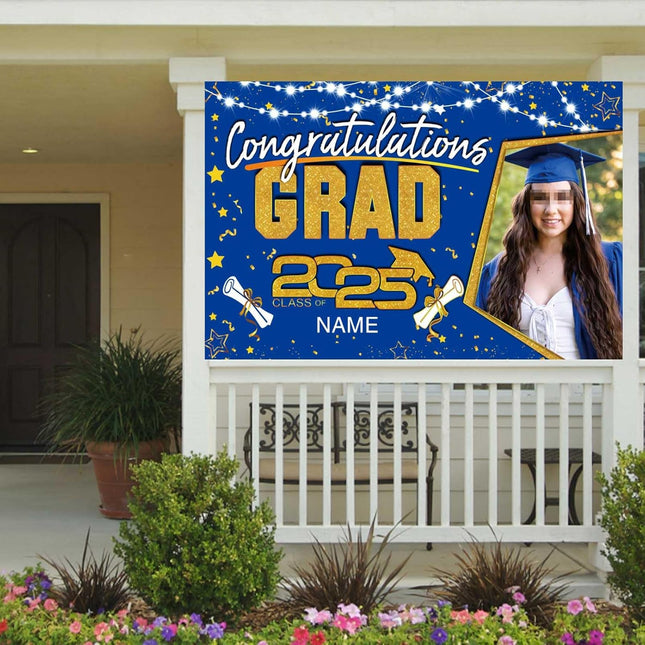 Custom Graduation Party Decorations Personalization Banner Class of 2025 Backdrop (Blue and Gold)