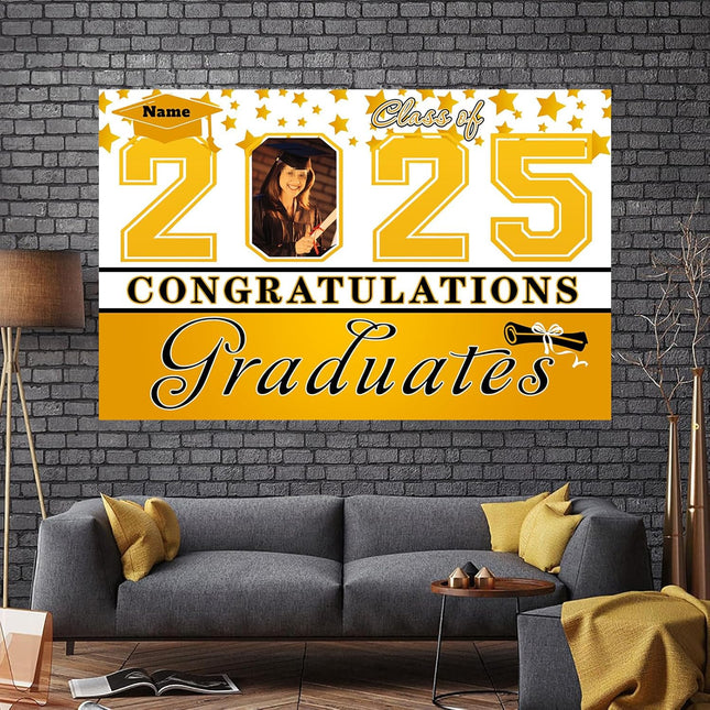 Custom Graduation Party Decorations Personalization Banner Class of 2025 Backdrop (Yellow and White)