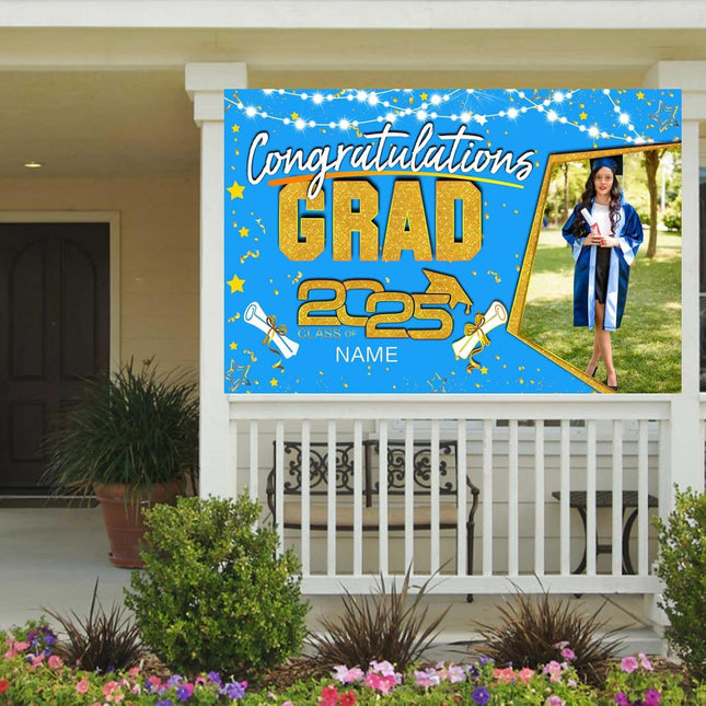 Custom Graduation Party Decorations Personalization Banner Class of 2025 Backdrop (Sky Blue and Gold)