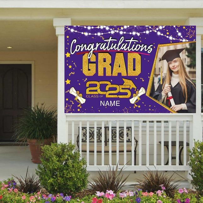 Custom Graduation Party Decorations Personalization Banner Class of 2025 Backdrop (Purple and Gold)