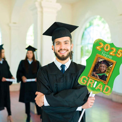 UUBAO Personalized Graduation Double Sided Face Fan Class of 2025 Customized Graduation Head Face Cutout with Handle Fun Photo Prop Supplies(Light Green)