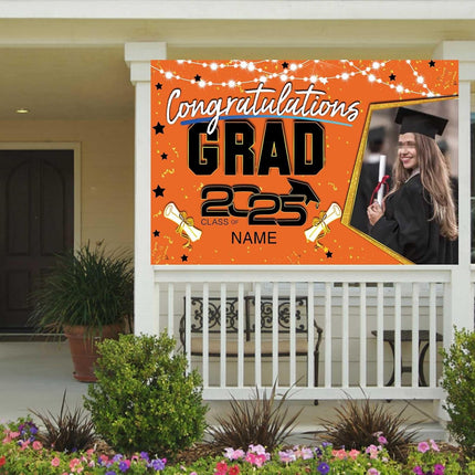 Custom Graduation Party Decorations Personalization Banner Class of 2025 Backdrop (Orange and Black)