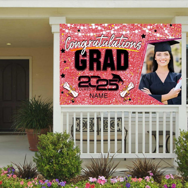 Custom Graduation Party Decorations Personalization Banner Class of 2025 Backdrop (Pink and Black)