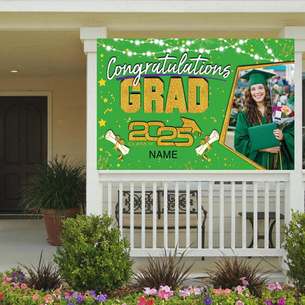 Custom Graduation Party Decorations Personalization Banner Class of 2025 Backdrop (Light Green and Gold)