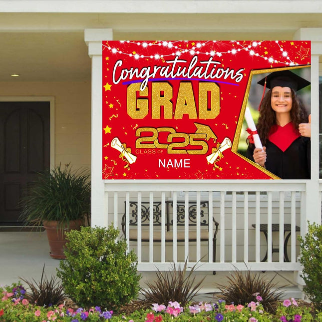 Custom Graduation Party Decorations Personalization Banner Class of 2025 Backdrop (Red and Gold)