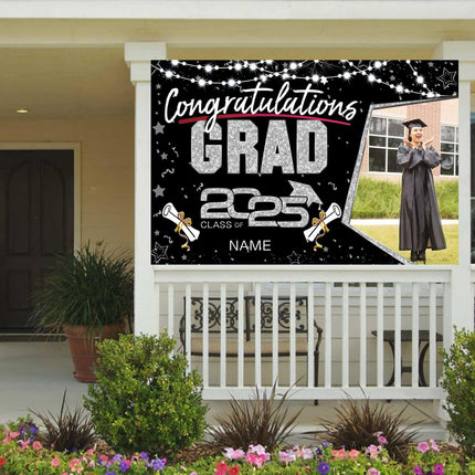 Custom Graduation Party Decorations Personalization Banner Class of 2025 Backdrop (Black and Sliver)