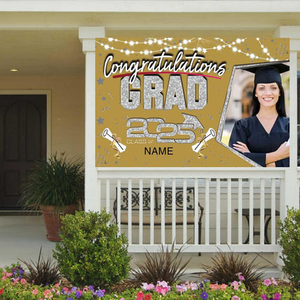 Custom Graduation Party Decorations Personalization Banner Class of 2025 Backdrop (Champagne and Silver）