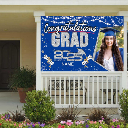 Custom Graduation Party Decorations Personalization Banner Class of 2025 Backdrop (Blue and Silver)