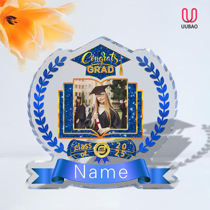 UUBAO Customized Graduation Plaque with Single Picture Custom Picture 2025 Congrats Grad Crystal Desktop Farewell Keepsake Gift (Blue and Gold)