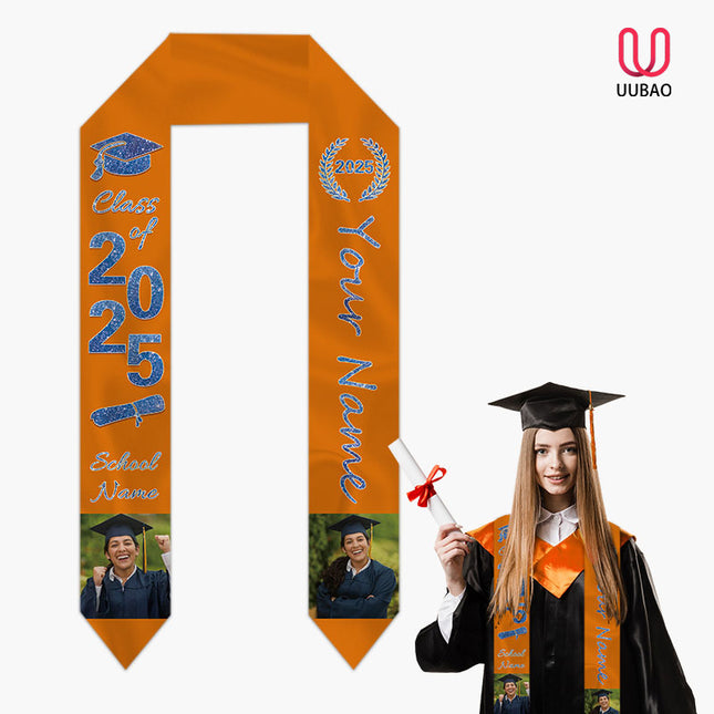 UUBAO Personalized Photo Name Graduation Shawl Custom Multi-color Option Graduation Stole Class Of 2025 Honor Shoulder Strap Decoration (Orange)